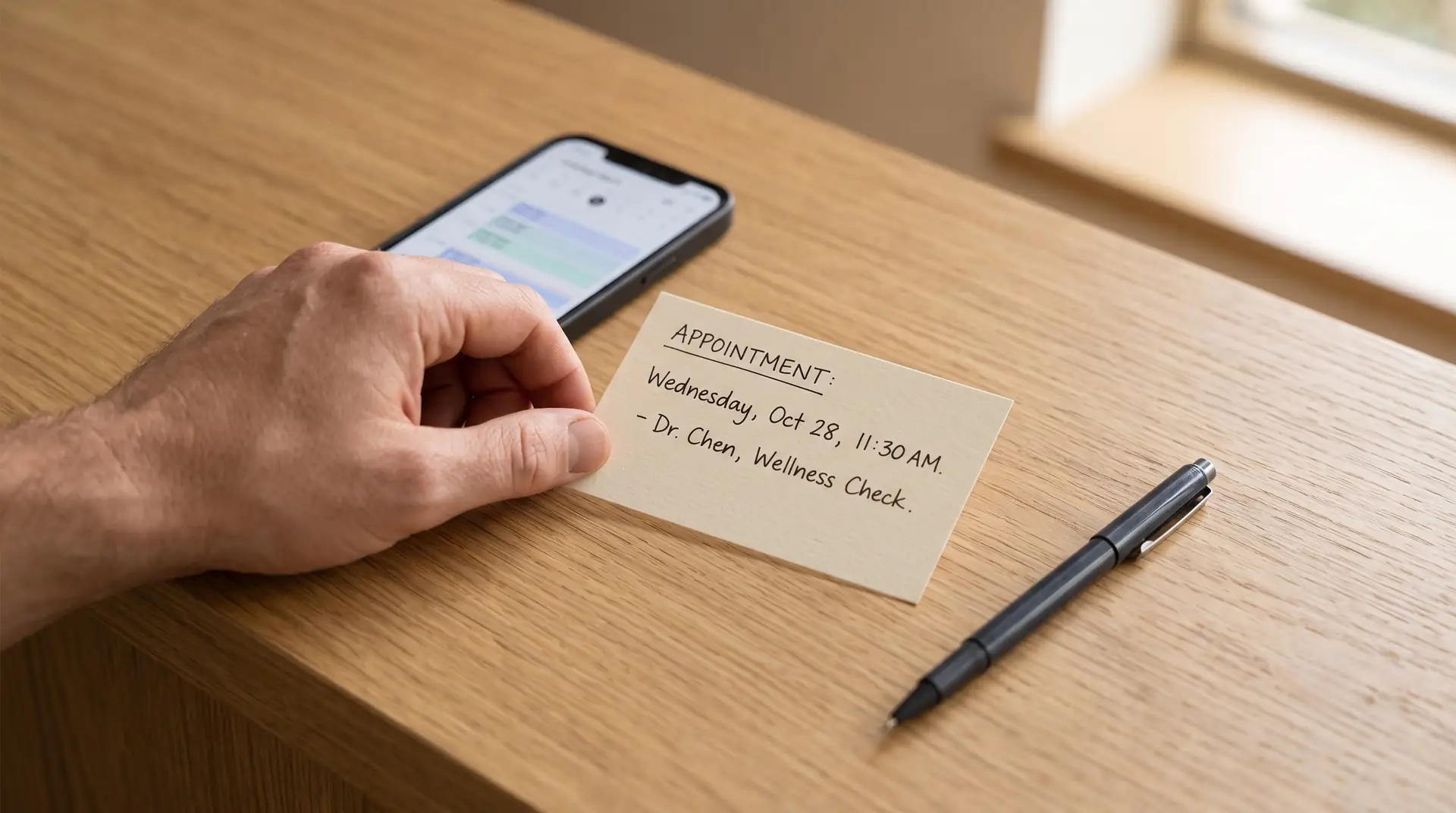 A hand next to a phone showing a calendar and a referral note