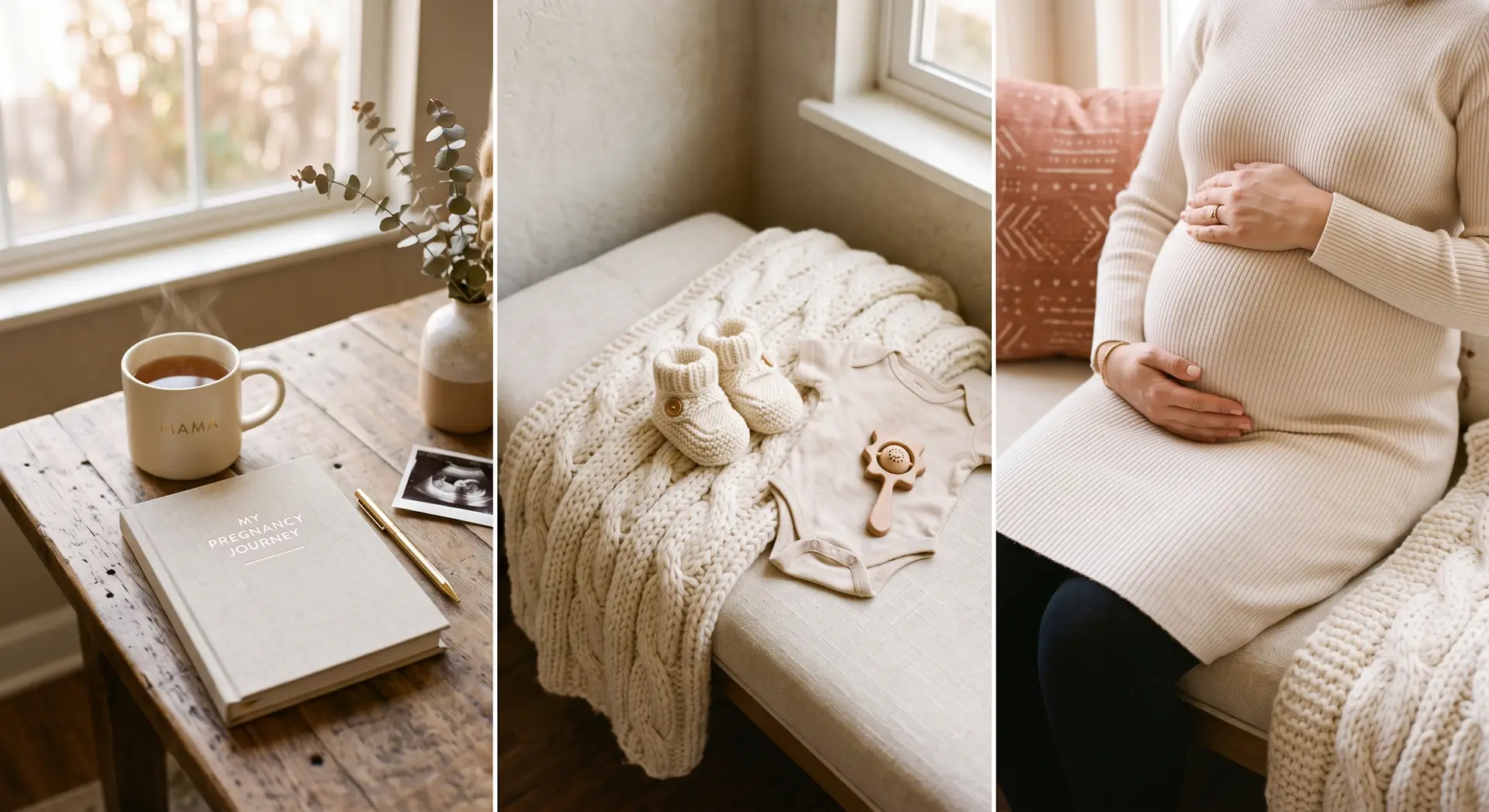 A pregnancy journal and tea beside a knitted baby blanket, and a hand resting on a pregnant belly
